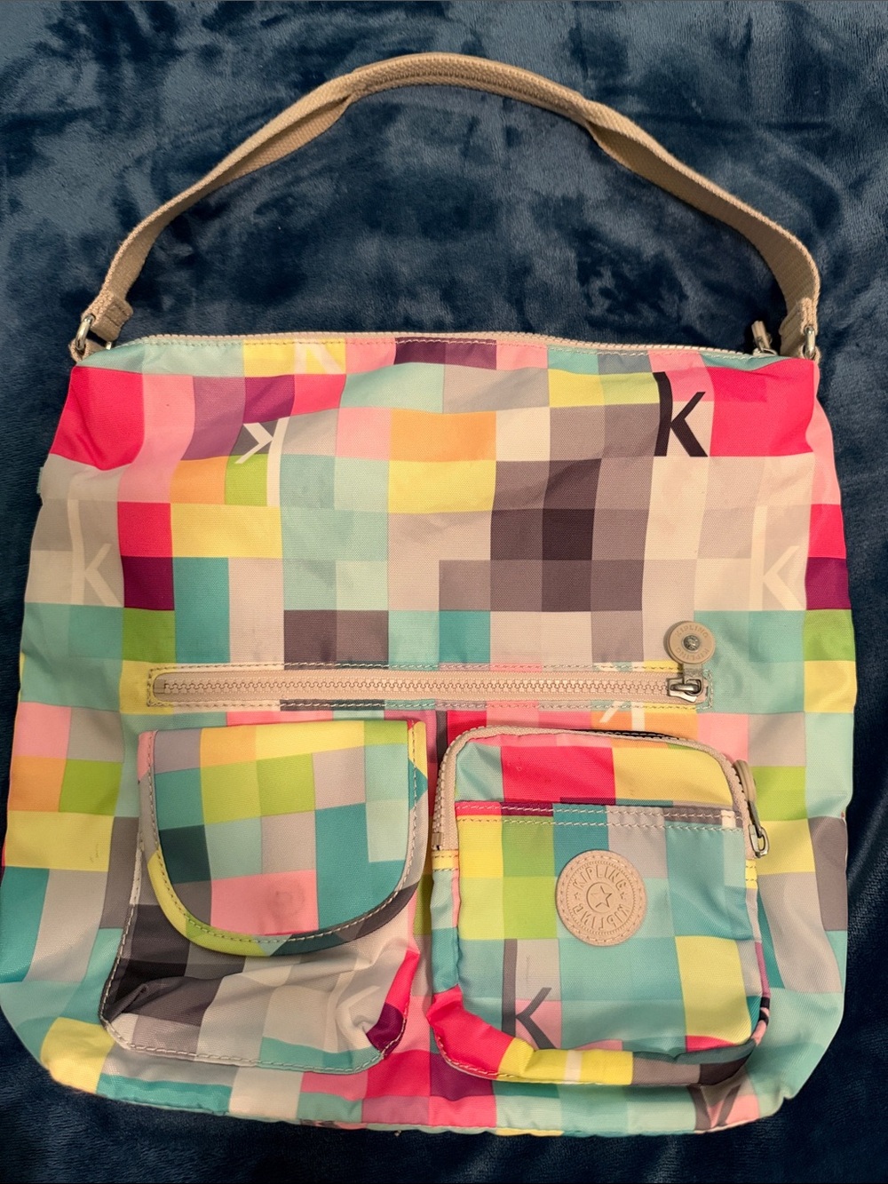 Kipling Multicolor Pixel-Print Satchel with Beige Strap
